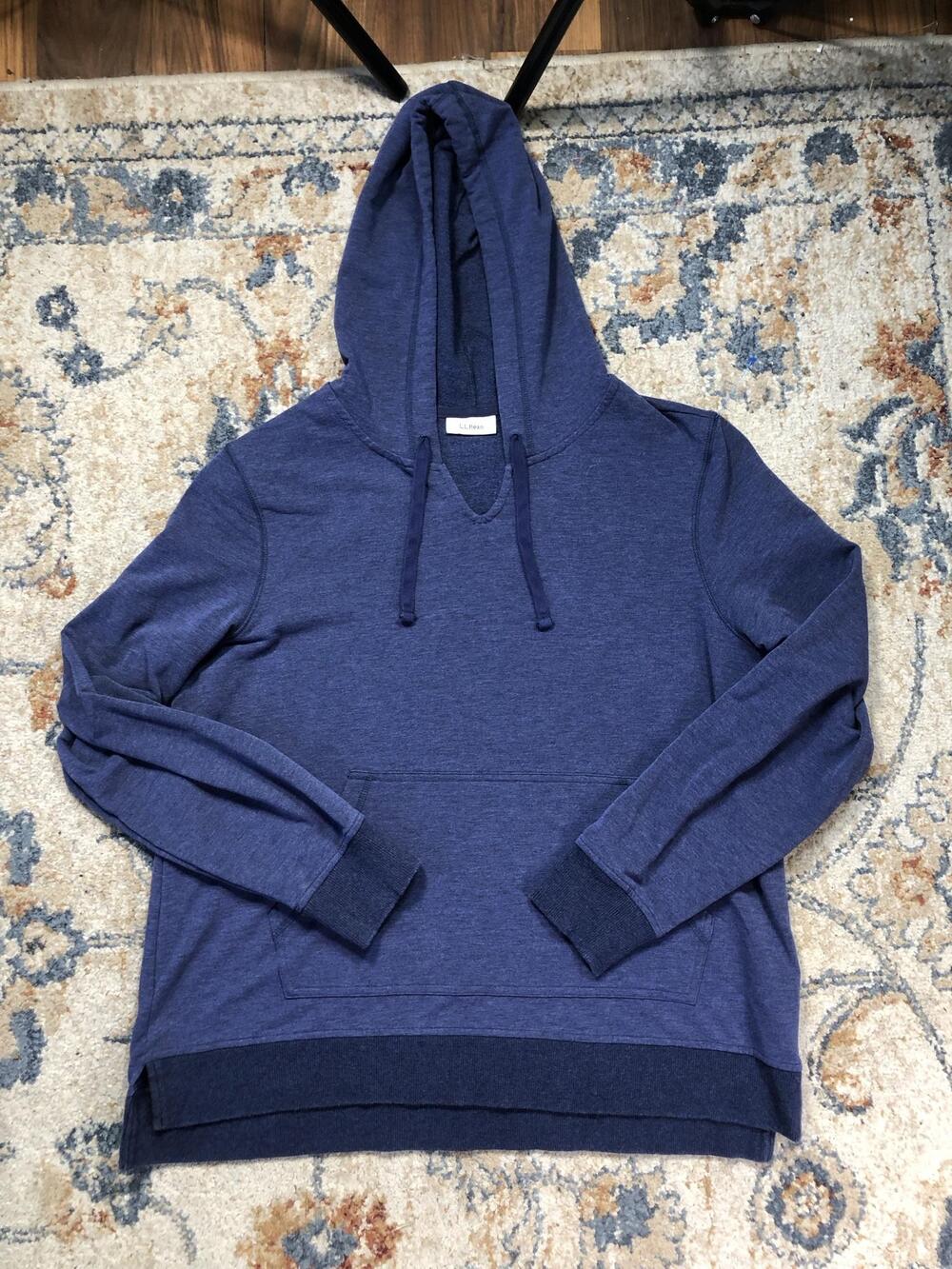 LL Bean Hoodie Womens Large Blue Fleece Pullover Kangaroo Pocket V Neck Casual